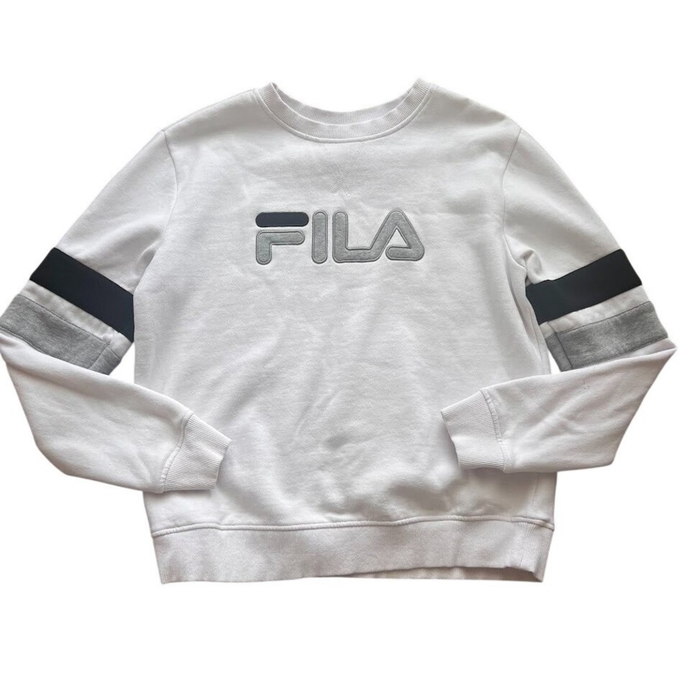 Fila Mens White Crewneck Sweatshirt Embroidered Logo‎ Colorblock Athletic Medium